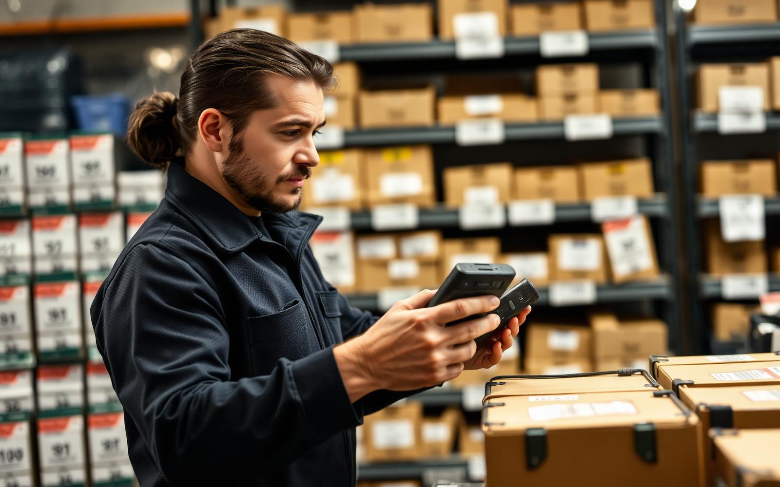 Parts employee scanning a boxed part with a rugged handheld scanner
